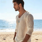 Men's Casual V - Neck Linen Blend Long Sleeve T-Shirt Breathable Lightweight Beachwear for Spring and Autumn Pullover Sweater 88 - StepByStepNow