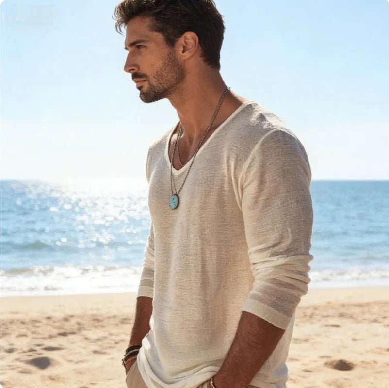 Men's Casual V - Neck Linen Blend Long Sleeve T-Shirt Breathable Lightweight Beachwear for Spring and Autumn Pullover Sweater 88 - StepByStepNow