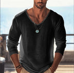 Men's Casual V - Neck Linen Blend Long Sleeve T-Shirt Breathable Lightweight Beachwear for Spring and Autumn Pullover Sweater 88 - StepByStepNow