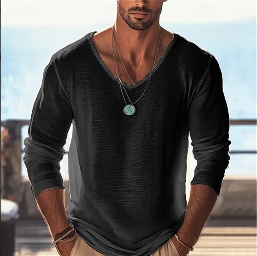 Men's Casual V - Neck Linen Blend Long Sleeve T-Shirt Breathable Lightweight Beachwear for Spring and Autumn Pullover Sweater 88 - StepByStepNow