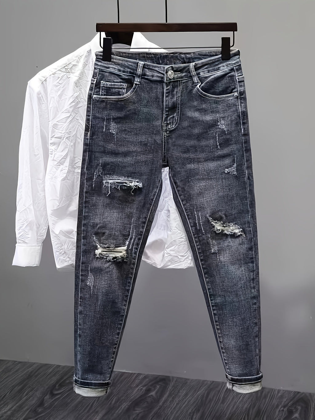 Men'S Heavyweight Washed Slim - Fit Ripped Jeans - Blue & Gray Distressed Denim, Mid - Stretch Streetwear Style, All - Season Comfort Fit for Casual & Formal Outfits, Versatile Clothing, Durable Fabric - StepByStep