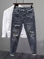 Men'S Heavyweight Washed Slim - Fit Ripped Jeans - Blue & Gray Distressed Denim, Mid - Stretch Streetwear Style, All - Season Comfort Fit for Casual & Formal Outfits, Versatile Clothing, Durable Fabric - StepByStep