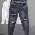 Men'S Heavyweight Washed Slim - Fit Ripped Jeans - Blue & Gray Distressed Denim, Mid - Stretch Streetwear Style, All - Season Comfort Fit for Casual & Formal Outfits, Versatile Clothing, Durable Fabric - StepByStep
