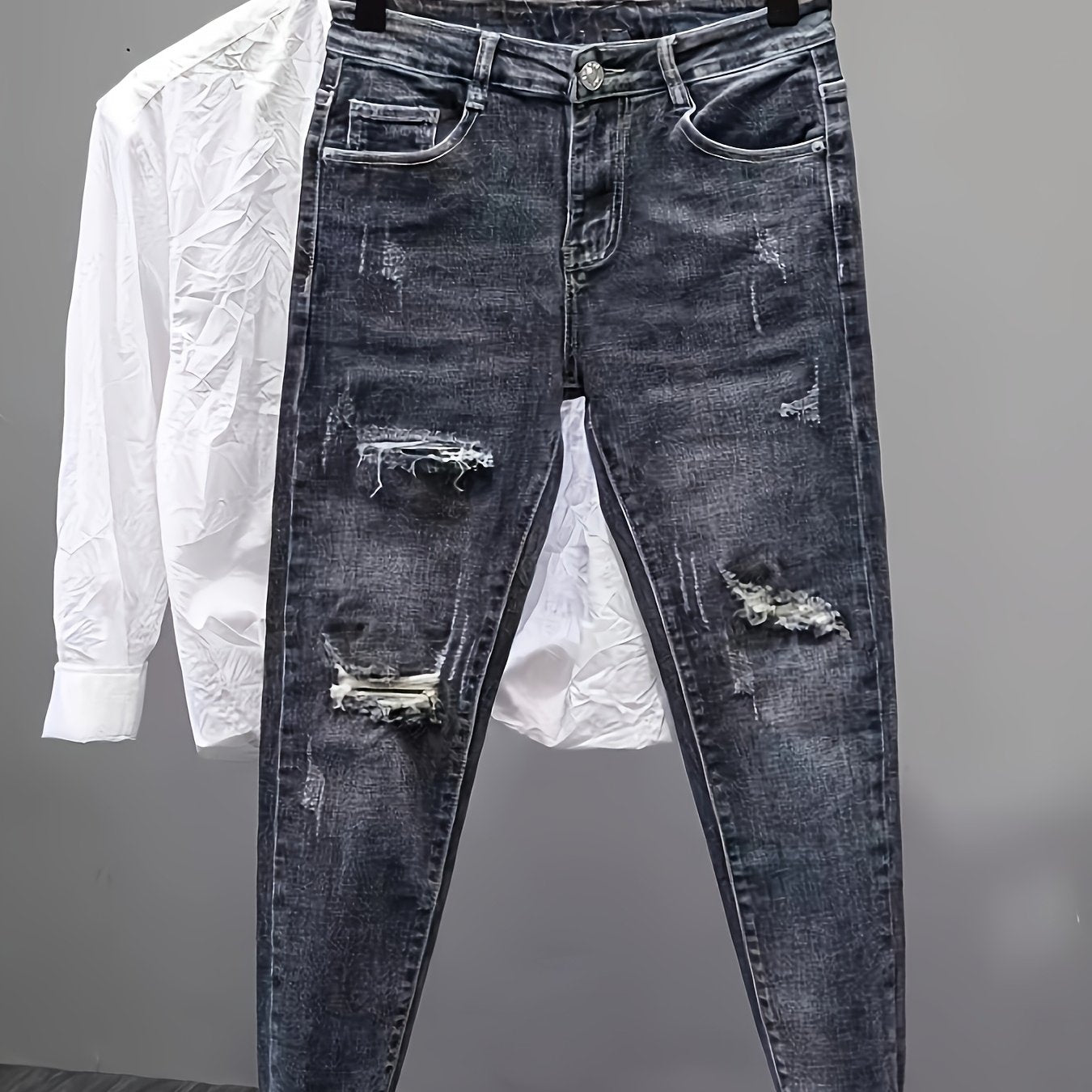 Men'S Heavyweight Washed Slim - Fit Ripped Jeans - Blue & Gray Distressed Denim, Mid - Stretch Streetwear Style, All - Season Comfort Fit for Casual & Formal Outfits, Versatile Clothing, Durable Fabric - StepByStep