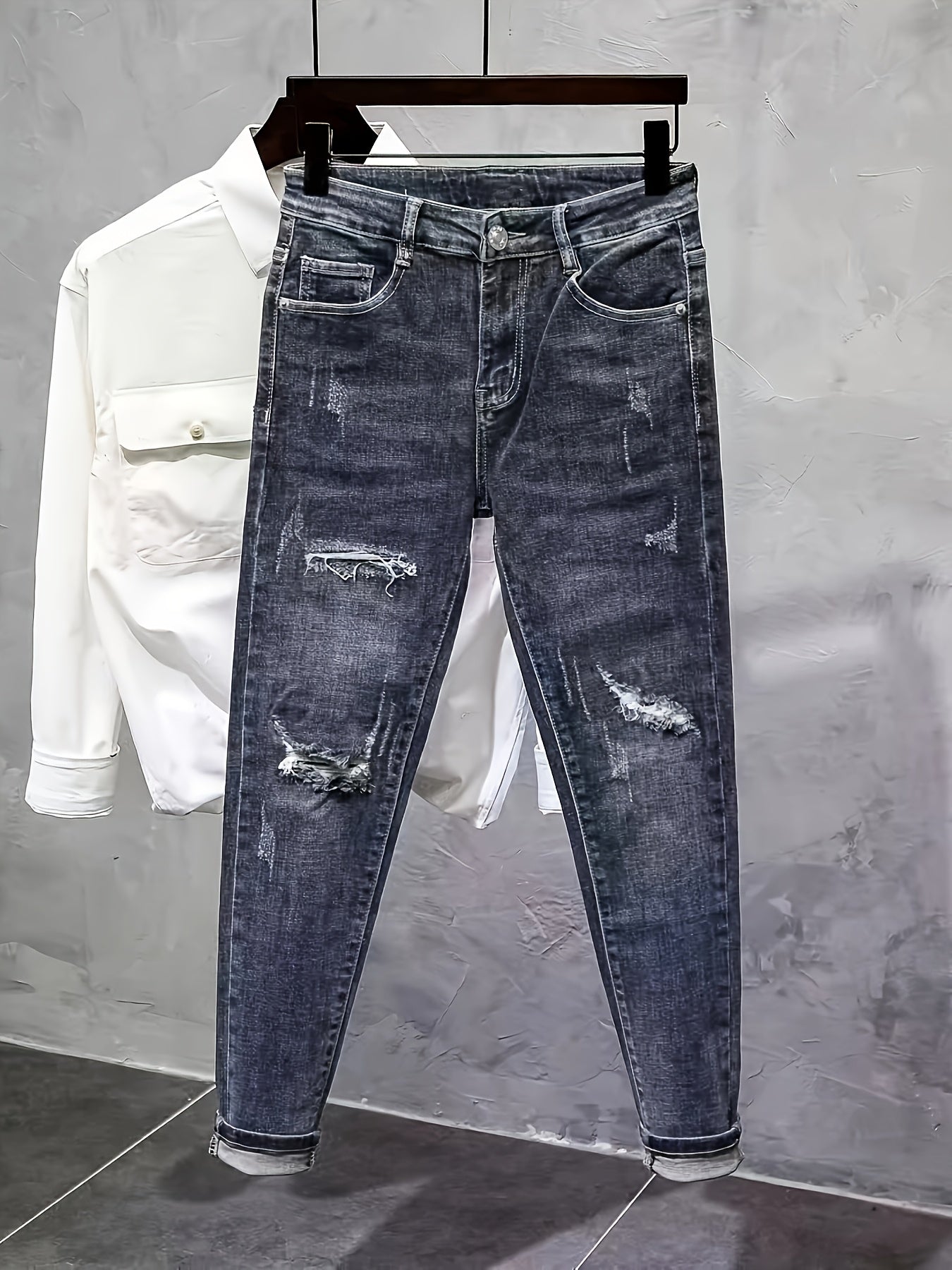 Men'S Heavyweight Washed Slim - Fit Ripped Jeans - Blue & Gray Distressed Denim, Mid - Stretch Streetwear Style, All - Season Comfort Fit for Casual & Formal Outfits, Versatile Clothing, Durable Fabric - StepByStep