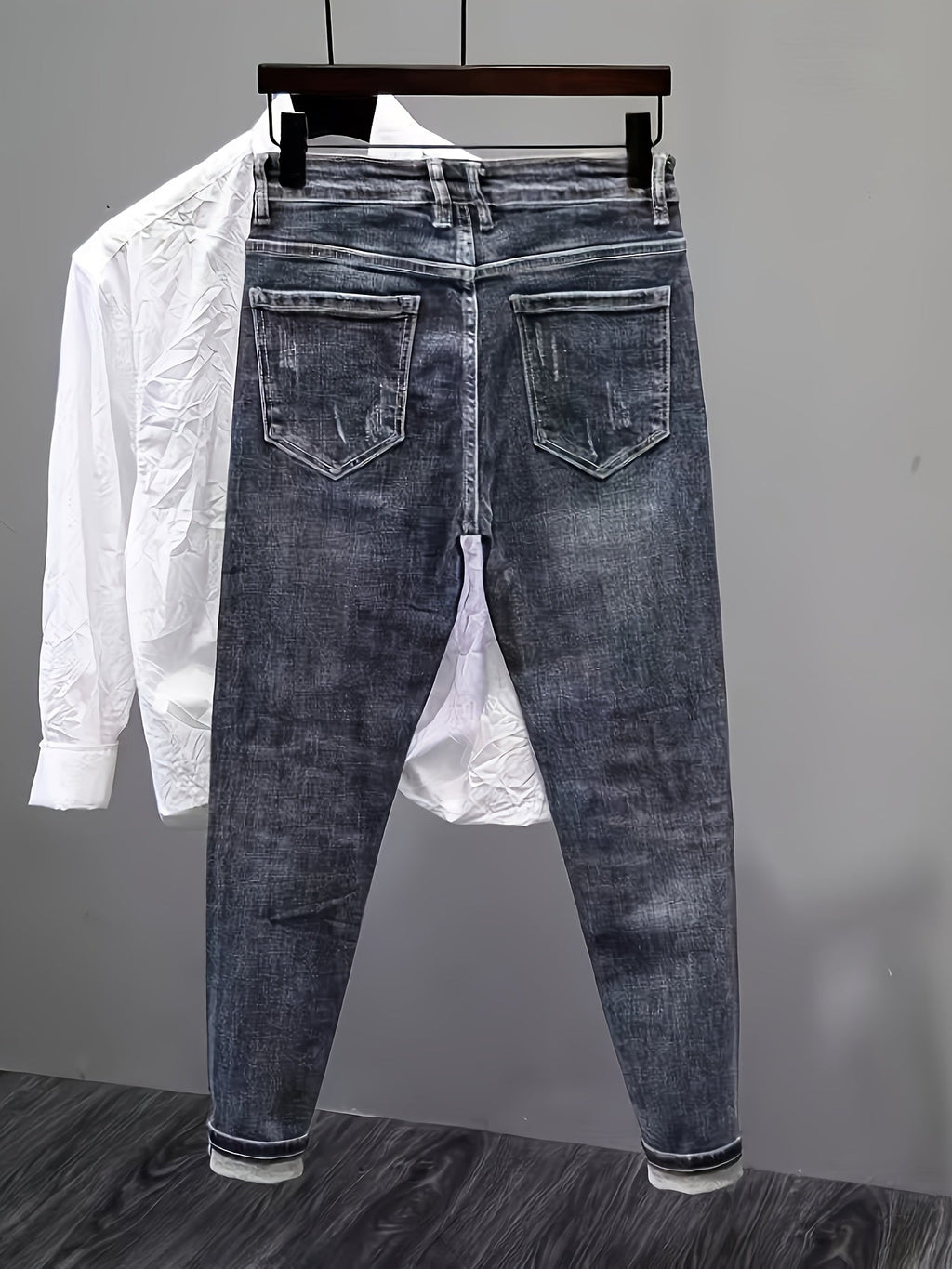 Men'S Heavyweight Washed Slim - Fit Ripped Jeans - Blue & Gray Distressed Denim, Mid - Stretch Streetwear Style, All - Season Comfort Fit for Casual & Formal Outfits, Versatile Clothing, Durable Fabric - StepByStep