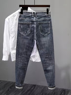 Men'S Heavyweight Washed Slim - Fit Ripped Jeans - Blue & Gray Distressed Denim, Mid - Stretch Streetwear Style, All - Season Comfort Fit for Casual & Formal Outfits, Versatile Clothing, Durable Fabric - StepByStep