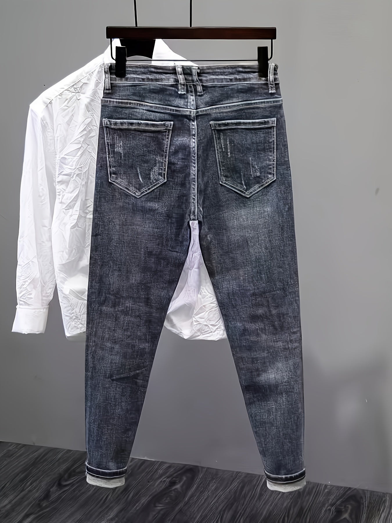 Men'S Heavyweight Washed Slim - Fit Ripped Jeans - Blue & Gray Distressed Denim, Mid - Stretch Streetwear Style, All - Season Comfort Fit for Casual & Formal Outfits, Versatile Clothing, Durable Fabric - StepByStep