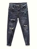 Men'S Heavyweight Washed Slim - Fit Ripped Jeans - Blue & Gray Distressed Denim, Mid - Stretch Streetwear Style, All - Season Comfort Fit for Casual & Formal Outfits, Versatile Clothing, Durable Fabric - StepByStep