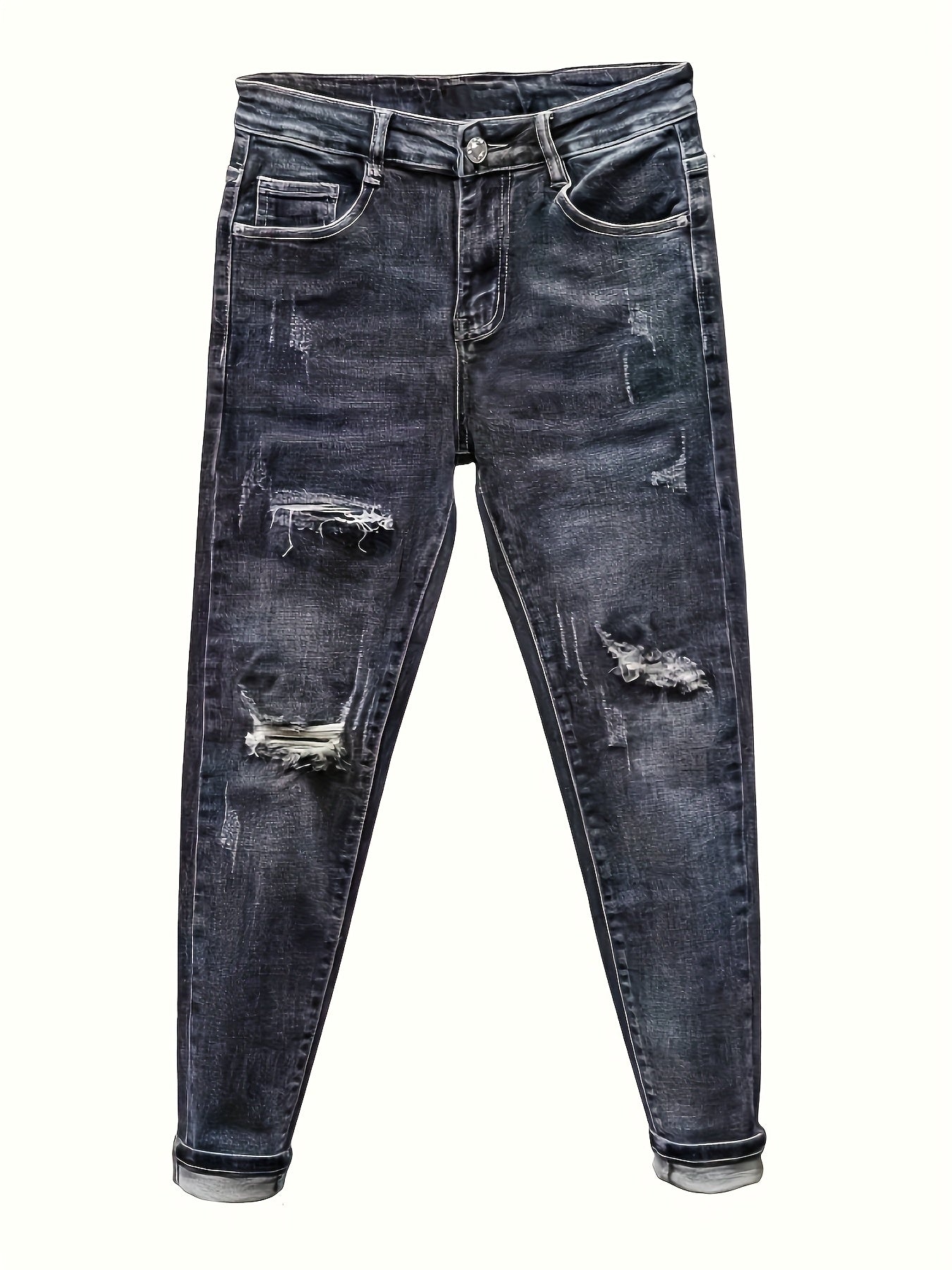 Men'S Heavyweight Washed Slim - Fit Ripped Jeans - Blue & Gray Distressed Denim, Mid - Stretch Streetwear Style, All - Season Comfort Fit for Casual & Formal Outfits, Versatile Clothing, Durable Fabric - StepByStep