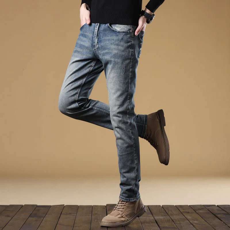 Men's Jeans Vintage Blue Solid Color Elastic Straight Classic Jeans Men Brand Slim Fashion Versatile Men's Long Trousers - StepByStepNow