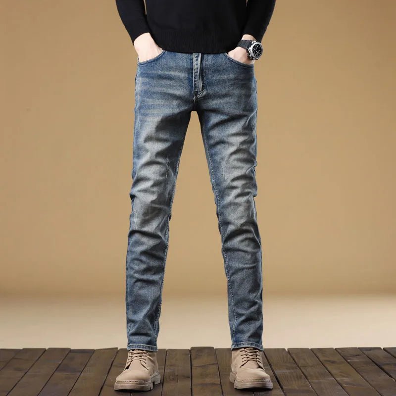 Men's Jeans Vintage Blue Solid Color Elastic Straight Classic Jeans Men Brand Slim Fashion Versatile Men's Long Trousers - StepByStepNow