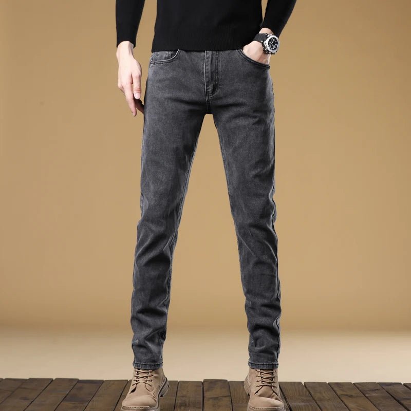 Men's Jeans Vintage Blue Solid Color Elastic Straight Classic Jeans Men Brand Slim Fashion Versatile Men's Long Trousers - StepByStepNow