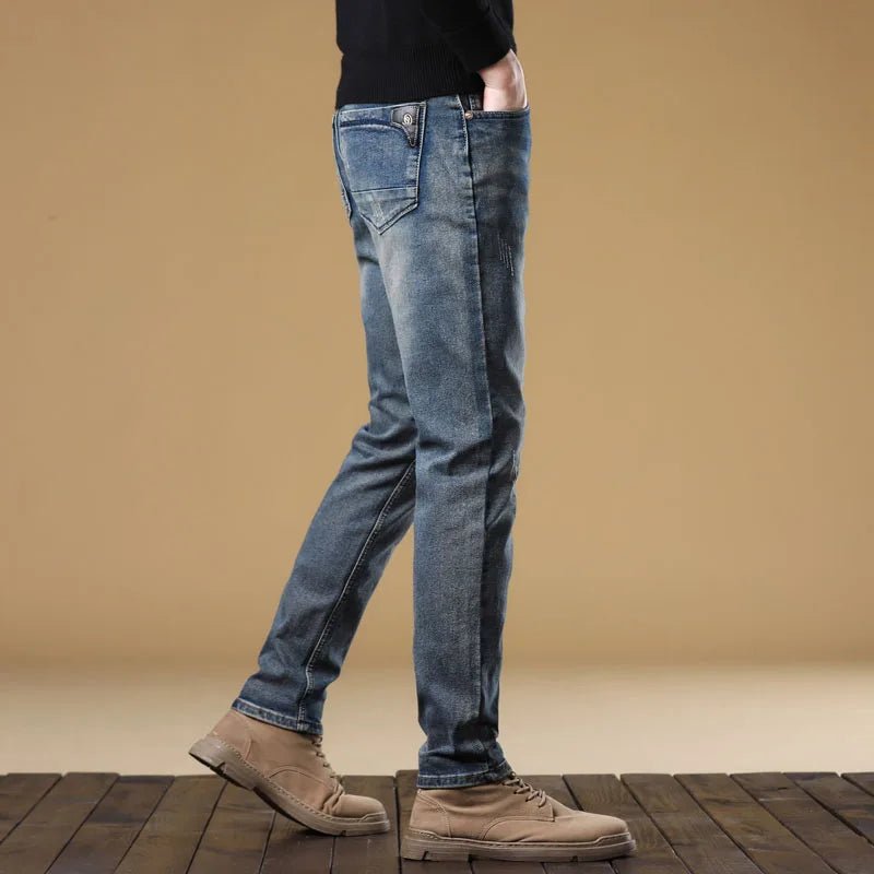 Men's Jeans Vintage Blue Solid Color Elastic Straight Classic Jeans Men Brand Slim Fashion Versatile Men's Long Trousers - StepByStepNow