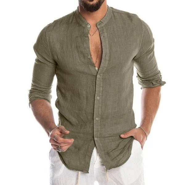 Men's Long Sleeve Shirt Stand Collar V - Neck Sporty Style Pure Color Button up Loose Fit Ordinary Thickness Chinese Manufacturer - StepByStepNow