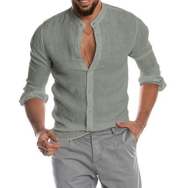 Men's Long Sleeve Shirt Stand Collar V - Neck Sporty Style Pure Color Button up Loose Fit Ordinary Thickness Chinese Manufacturer - StepByStepNow