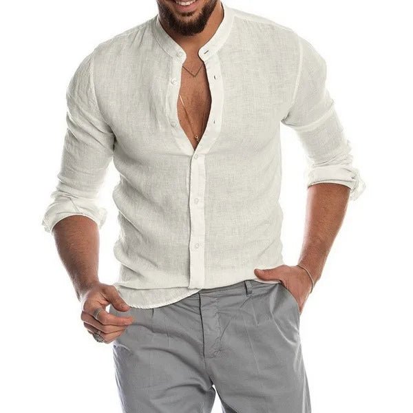 Men's Long Sleeve Shirt Stand Collar V - Neck Sporty Style Pure Color Button up Loose Fit Ordinary Thickness Chinese Manufacturer - StepByStepNow