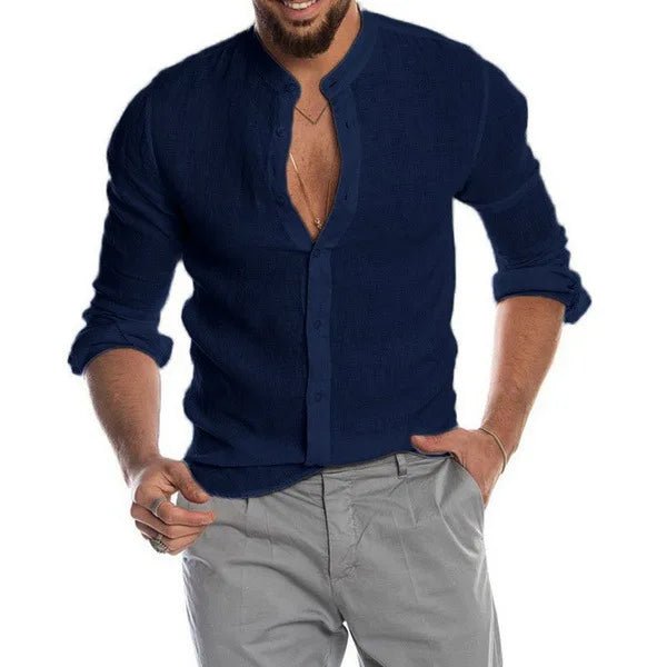 Men's Long Sleeve Shirt Stand Collar V - Neck Sporty Style Pure Color Button up Loose Fit Ordinary Thickness Chinese Manufacturer - StepByStepNow