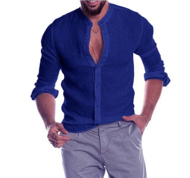 Men's Long Sleeve Shirt Stand Collar V - Neck Sporty Style Pure Color Button up Loose Fit Ordinary Thickness Chinese Manufacturer - StepByStepNow