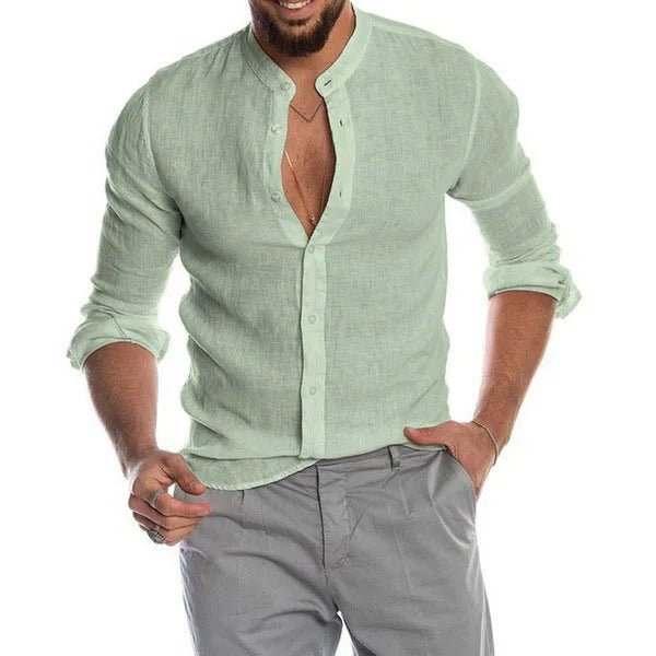 Men's Long Sleeve Shirt Stand Collar V - Neck Sporty Style Pure Color Button up Loose Fit Ordinary Thickness Chinese Manufacturer - StepByStepNow