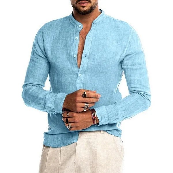 Men's Long Sleeve Shirt Stand Collar V - Neck Sporty Style Pure Color Button up Loose Fit Ordinary Thickness Chinese Manufacturer - StepByStepNow