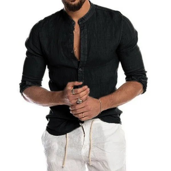 Men's Long Sleeve Shirt Stand Collar V - Neck Sporty Style Pure Color Button up Loose Fit Ordinary Thickness Chinese Manufacturer - StepByStepNow