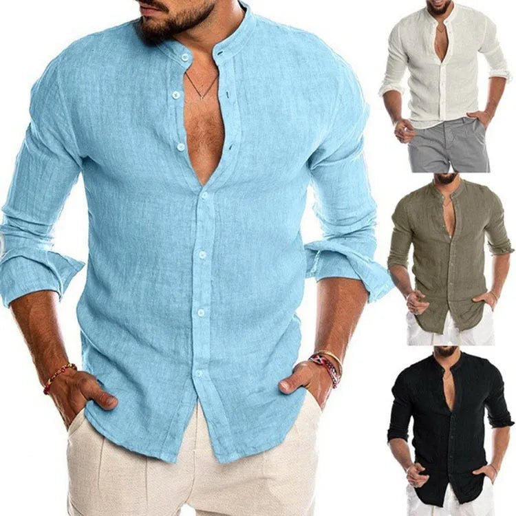 Men's Long Sleeve Shirt Stand Collar V - Neck Sporty Style Pure Color Button up Loose Fit Ordinary Thickness Chinese Manufacturer - StepByStepNow