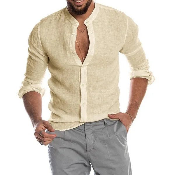 Men's Long Sleeve Shirt Stand Collar V - Neck Sporty Style Pure Color Button up Loose Fit Ordinary Thickness Chinese Manufacturer - StepByStepNow