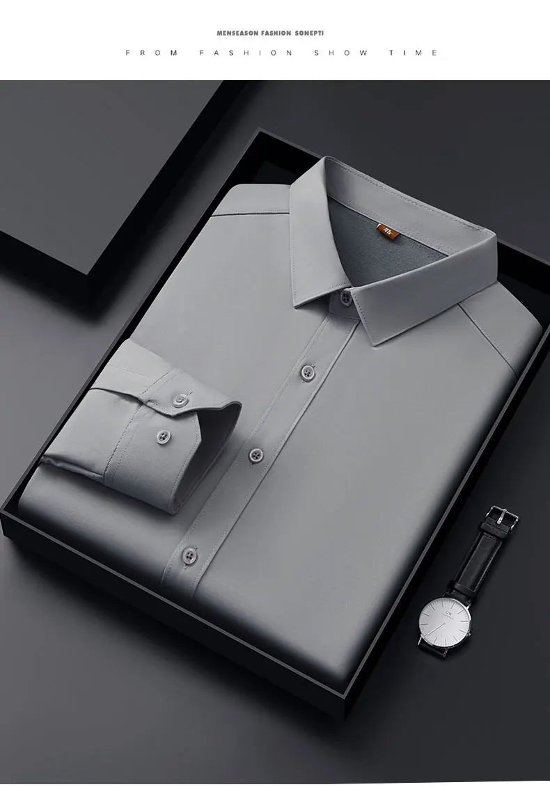 Men's Non - Iron Business Shirt - High Elasticity Long Sleeve Wrinkle - Free Formal Top - StepByStepNow