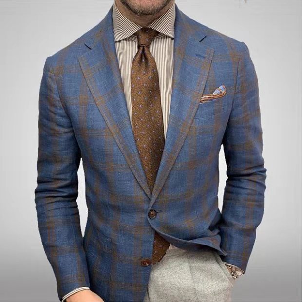 Men's Plaid Lapel Long Sleeve Suit Coat Men's Business Suit - StepByStepNow