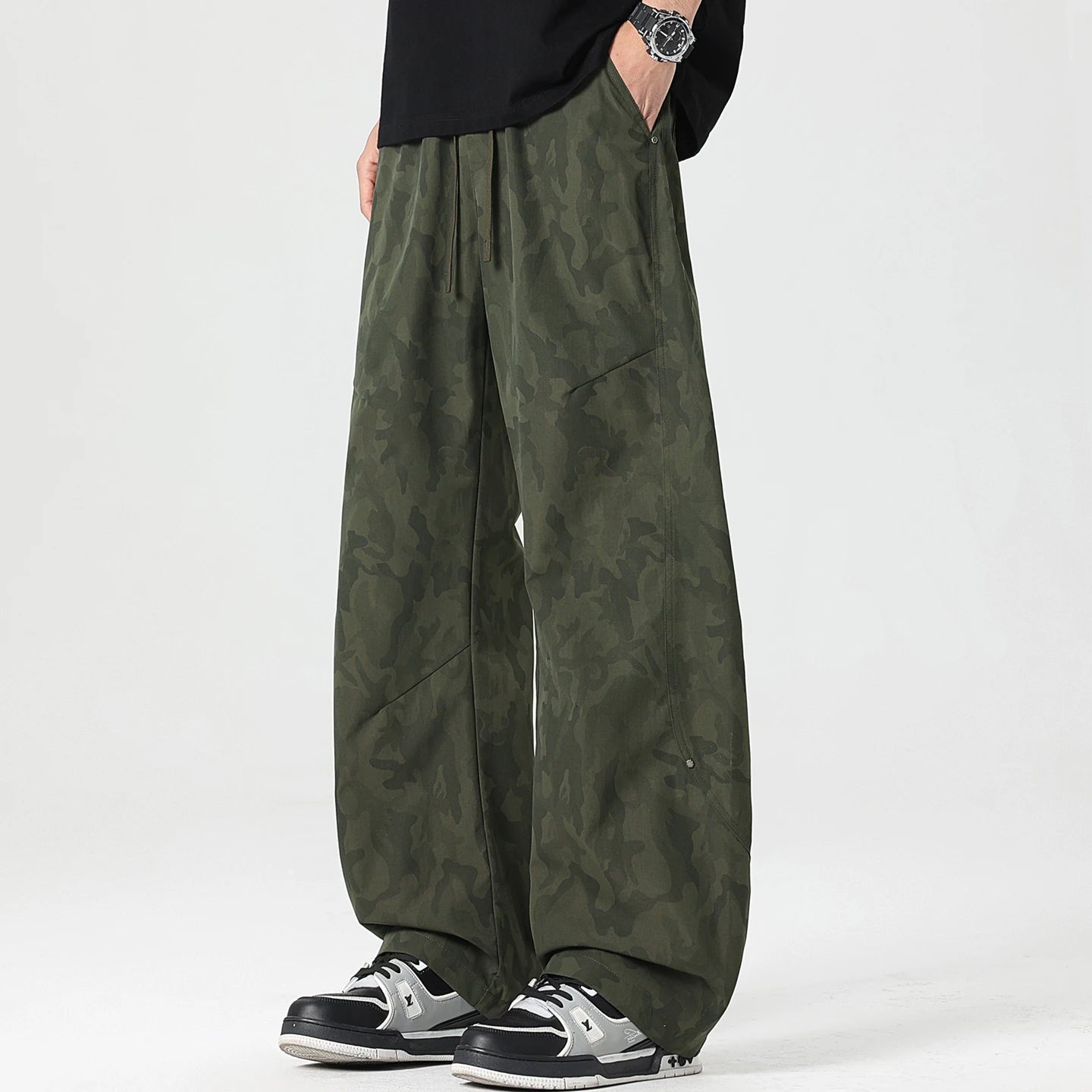 Men’s Retro Tie - Dye Workwear Pants – Elastic Waist Wide - Leg Trousers - StepByStepNow
