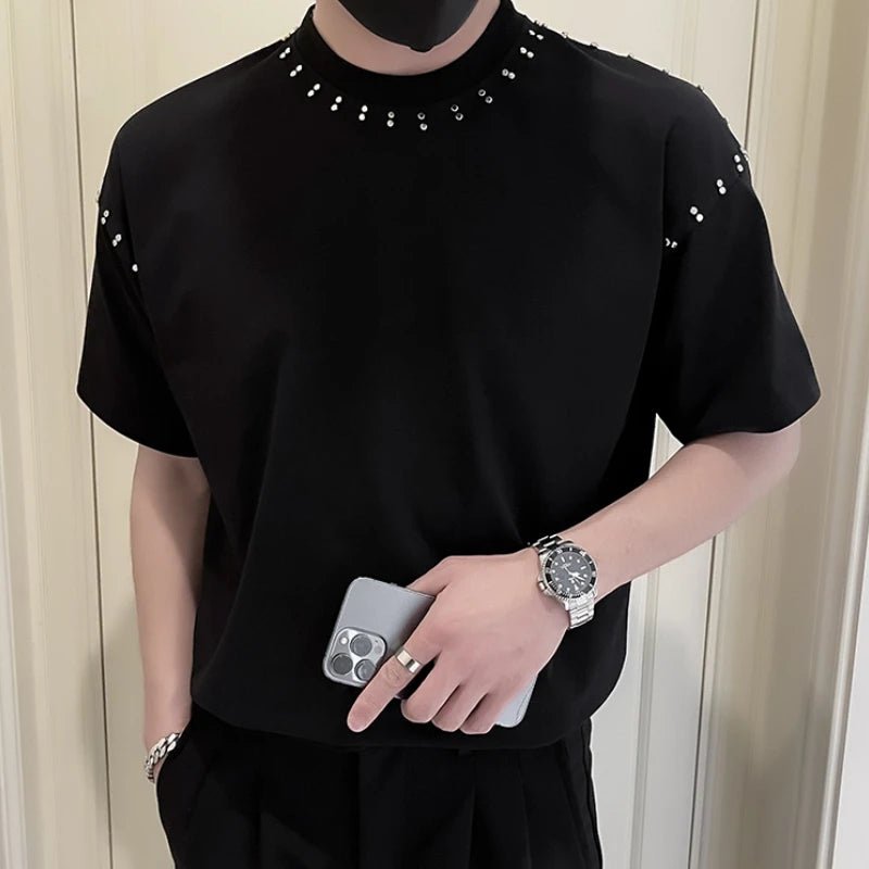 Men’s Rivet Decorated Cotton T-Shirt - Harajuku Style Business Social Tee - StepByStepNow