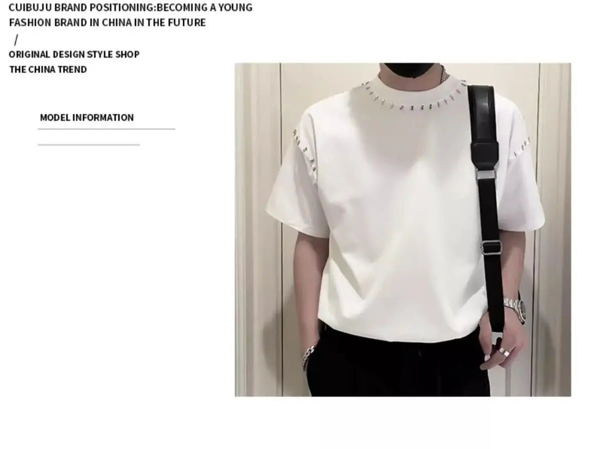 Men’s Rivet Decorated Cotton T-Shirt - Harajuku Style Business Social Tee - StepByStepNow