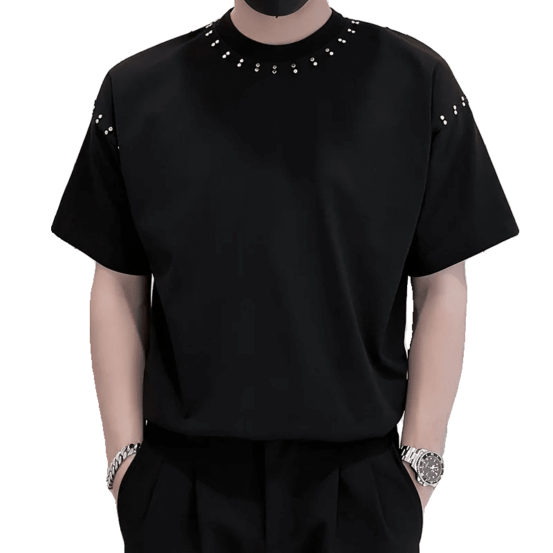 Men’s Rivet Decorated Cotton T-Shirt - Harajuku Style Business Social Tee - StepByStepNow