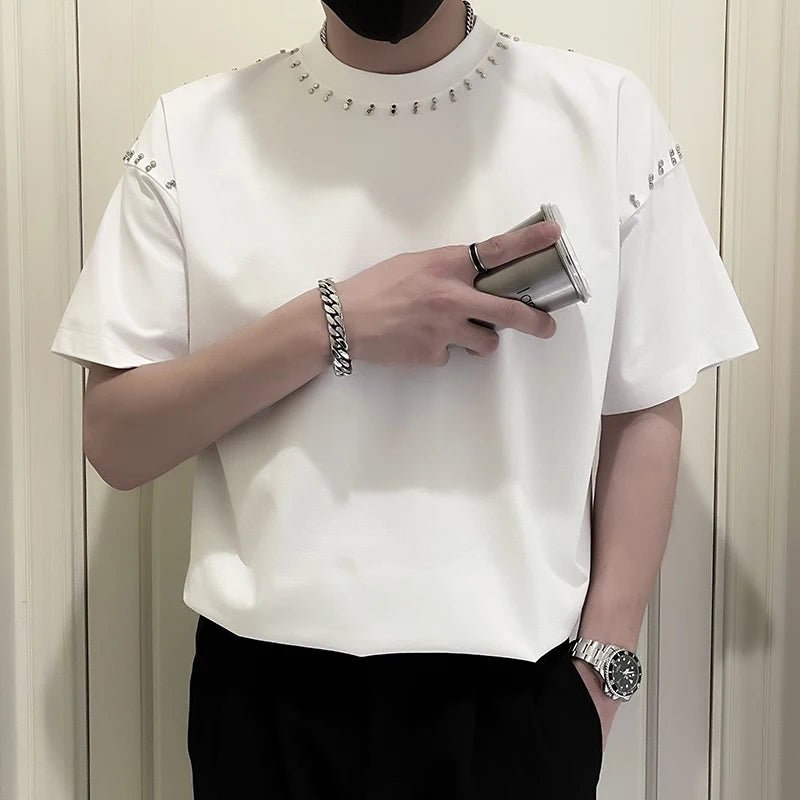 Men’s Rivet Decorated Cotton T-Shirt - Harajuku Style Business Social Tee - StepByStepNow