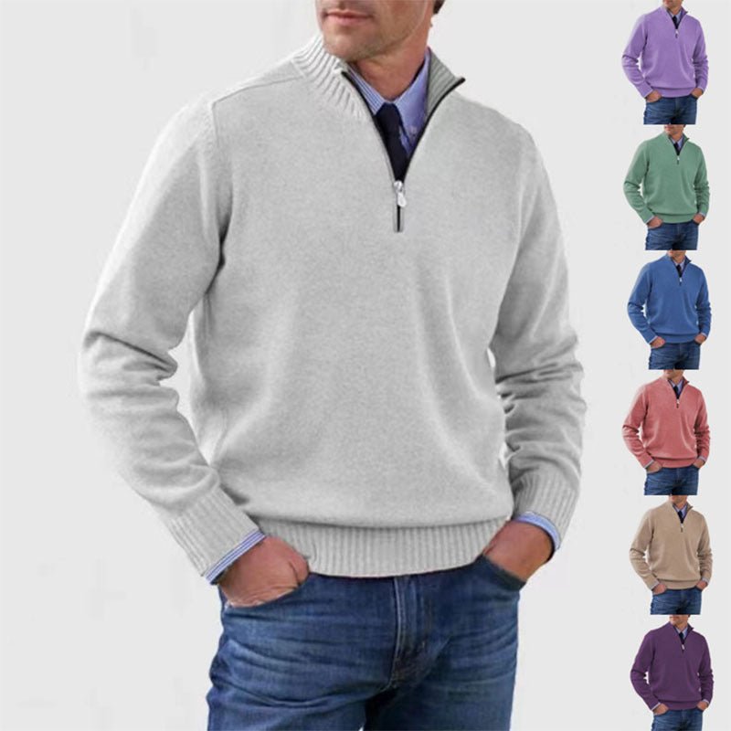 Men's Stand Collar Zipper Sweater Winter Fashion Solid Color Long Sleeve Knitted Top Clothing - StepByStepNow
