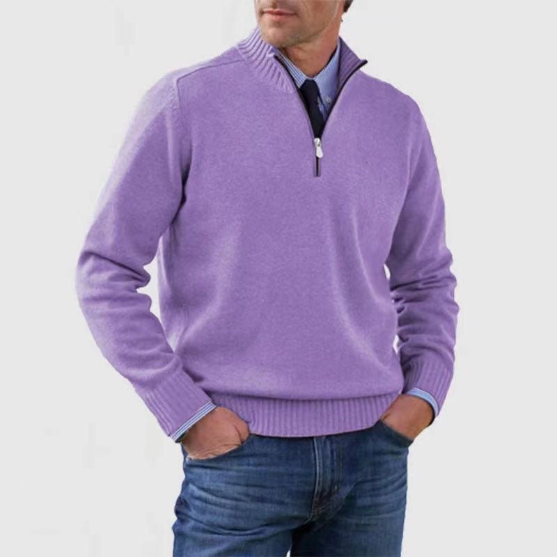 Men's Stand Collar Zipper Sweater Winter Fashion Solid Color Long Sleeve Knitted Top Clothing - StepByStepNow