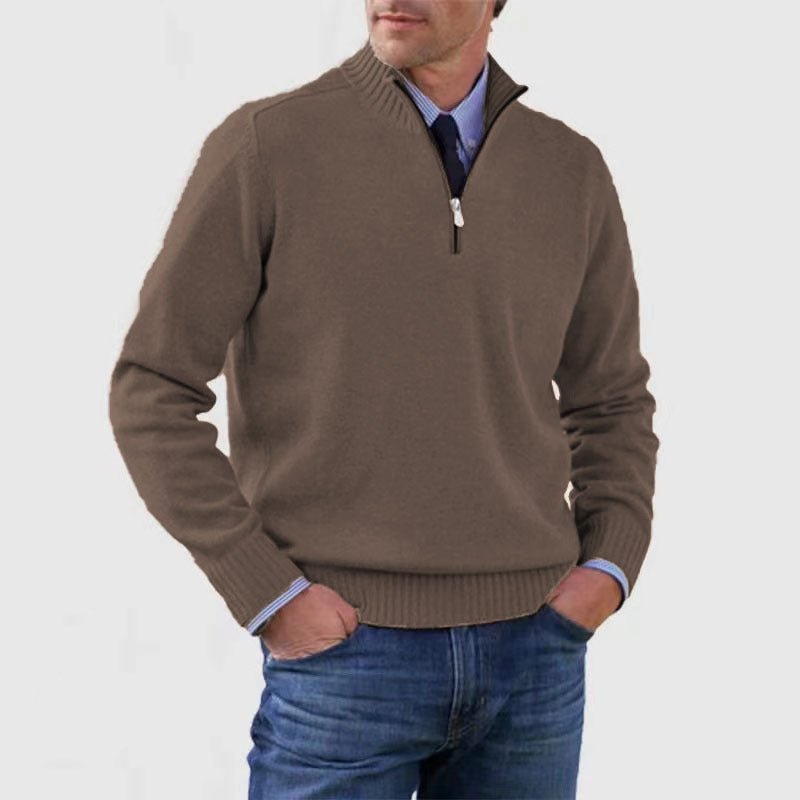 Men's Stand Collar Zipper Sweater Winter Fashion Solid Color Long Sleeve Knitted Top Clothing - StepByStepNow