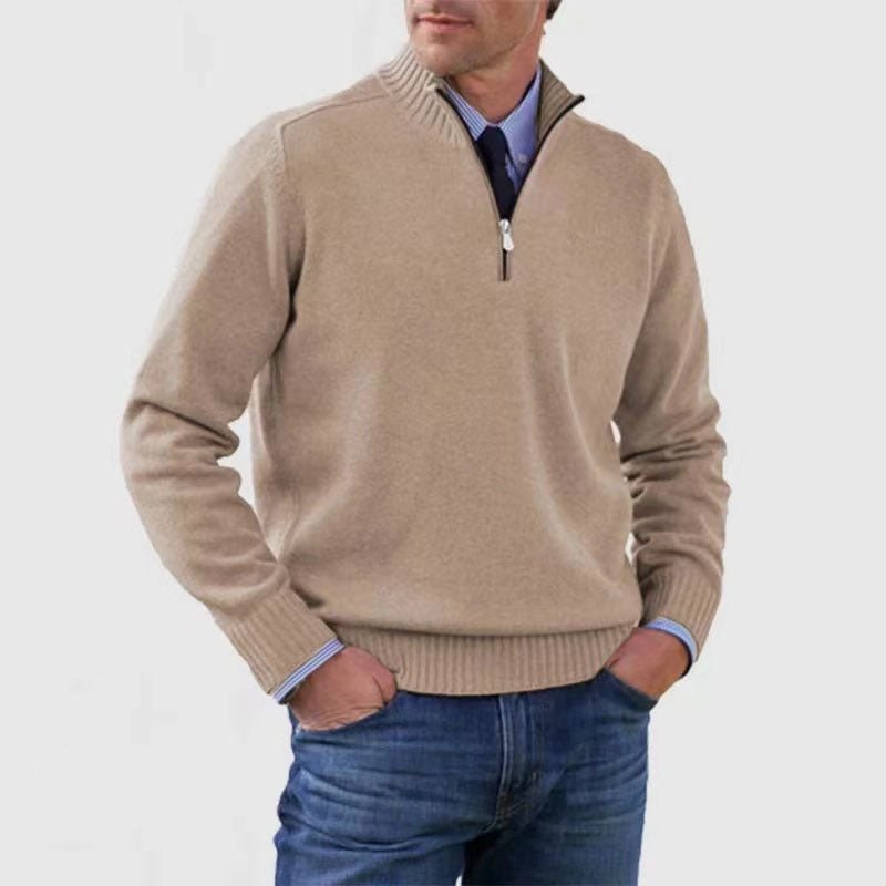 Men's Stand Collar Zipper Sweater Winter Fashion Solid Color Long Sleeve Knitted Top Clothing - StepByStepNow