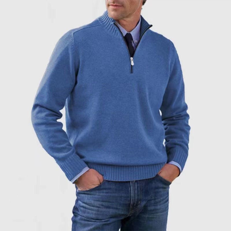Men's Stand Collar Zipper Sweater Winter Fashion Solid Color Long Sleeve Knitted Top Clothing - StepByStepNow