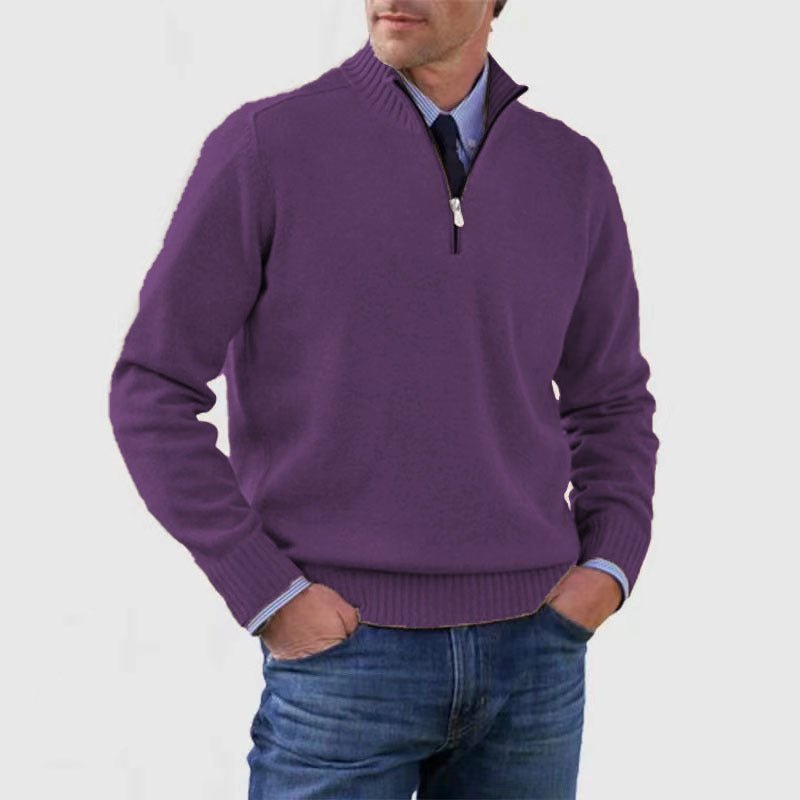 Men's Stand Collar Zipper Sweater Winter Fashion Solid Color Long Sleeve Knitted Top Clothing - StepByStepNow