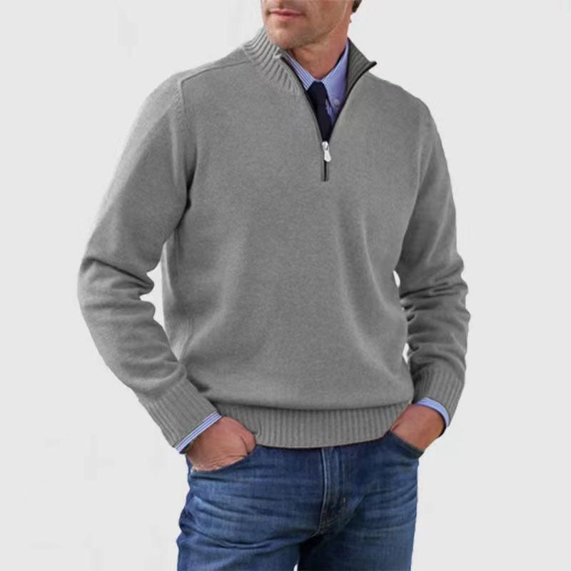 Men's Stand Collar Zipper Sweater Winter Fashion Solid Color Long Sleeve Knitted Top Clothing - StepByStepNow