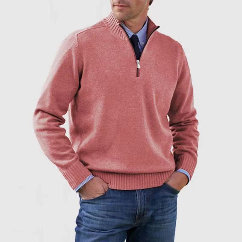 Men's Stand Collar Zipper Sweater Winter Fashion Solid Color Long Sleeve Knitted Top Clothing - StepByStepNow