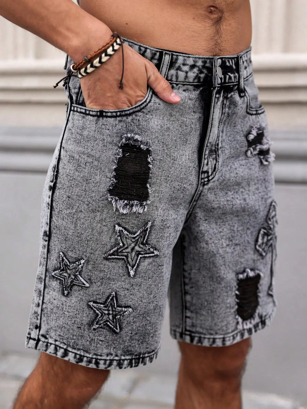 Men's Summer Denim Shorts. Straight - leg fit. Ripped design. Dark gray denim embroidered shorts - StepByStepNow