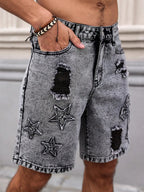 Men's Summer Denim Shorts. Straight - leg fit. Ripped design. Dark gray denim embroidered shorts - StepByStepNow
