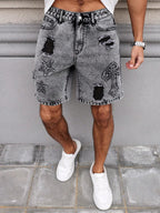 Men's Summer Denim Shorts. Straight - leg fit. Ripped design. Dark gray denim embroidered shorts - StepByStepNow