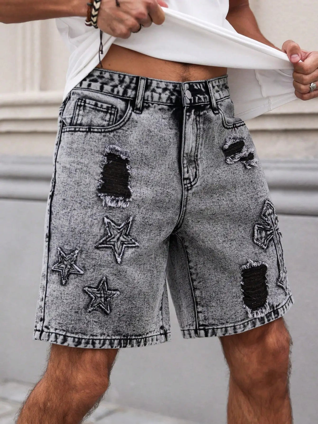 Men's Summer Denim Shorts. Straight - leg fit. Ripped design. Dark gray denim embroidered shorts - StepByStepNow