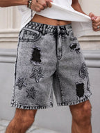 Men's Summer Denim Shorts. Straight - leg fit. Ripped design. Dark gray denim embroidered shorts - StepByStepNow