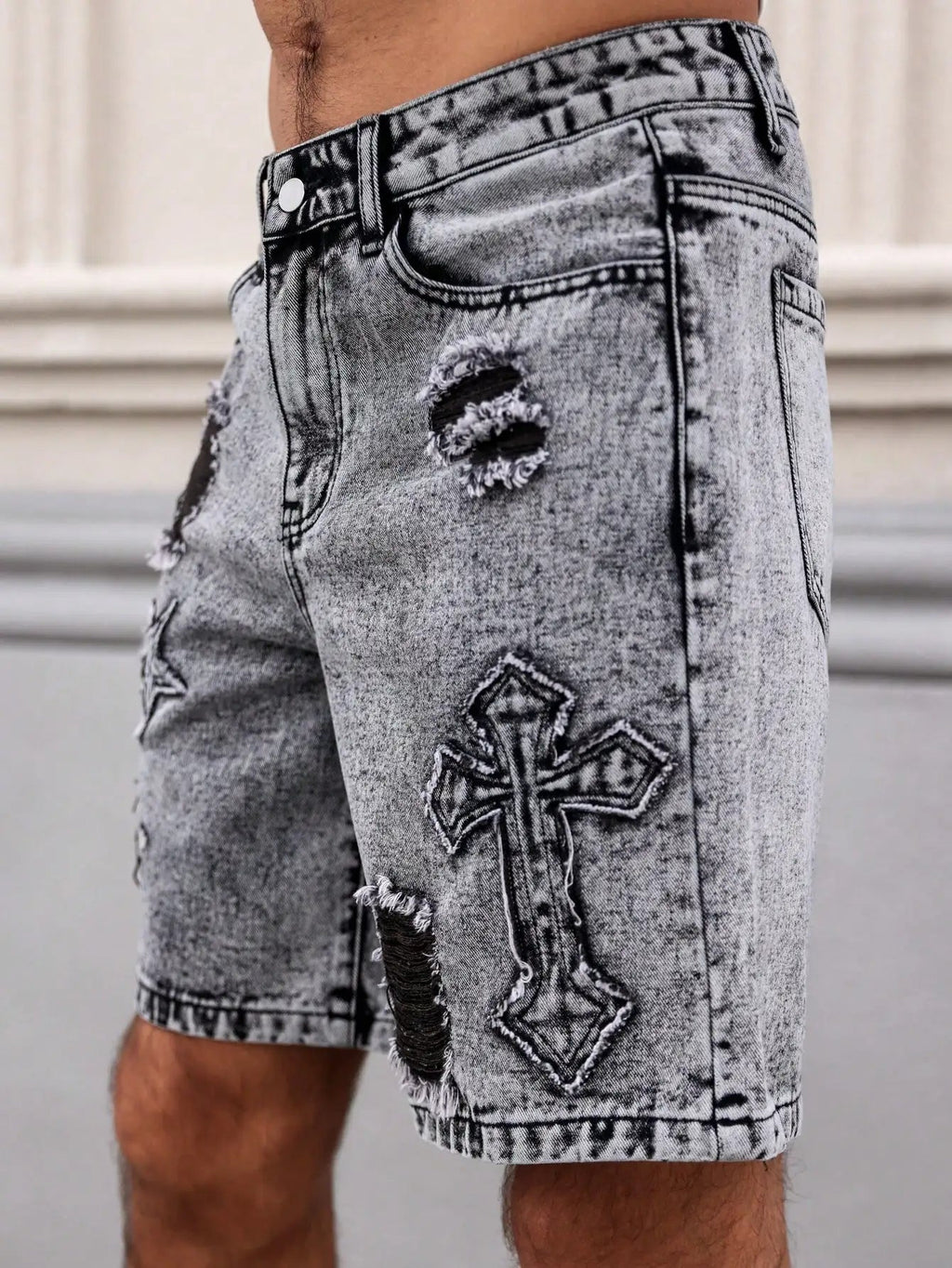 Men's Summer Denim Shorts. Straight - leg fit. Ripped design. Dark gray denim embroidered shorts - StepByStepNow