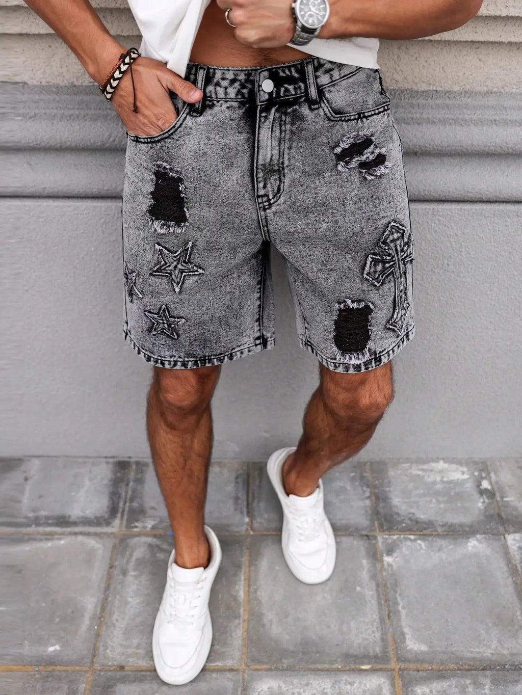 Men's Summer Denim Shorts. Straight - leg fit. Ripped design. Dark gray denim embroidered shorts - StepByStepNow